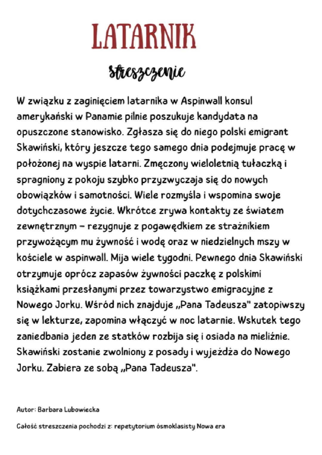 Streszczenie lektury „Latarnik”