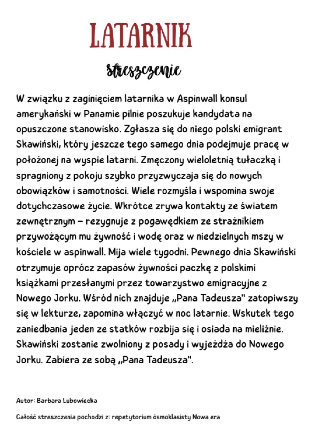 LATARNIK
streszczenie
W związku z zaginięciem latarnika w Aspinwall konsul
amerykański w Panamie pilnie poszukuje kandydata na
opuszczone st