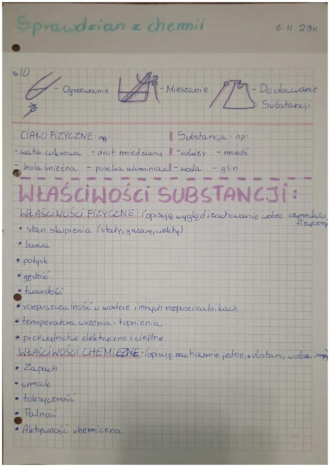 Sprawdzian z chemii
s 10
.
•
G
·
Ogrzewanie
połysk
gęstość
twardość
A
CIAŁO FIZYCZNE: ng:
1 Substancia: np:
-wata wkrowa - drut miedziany
-w