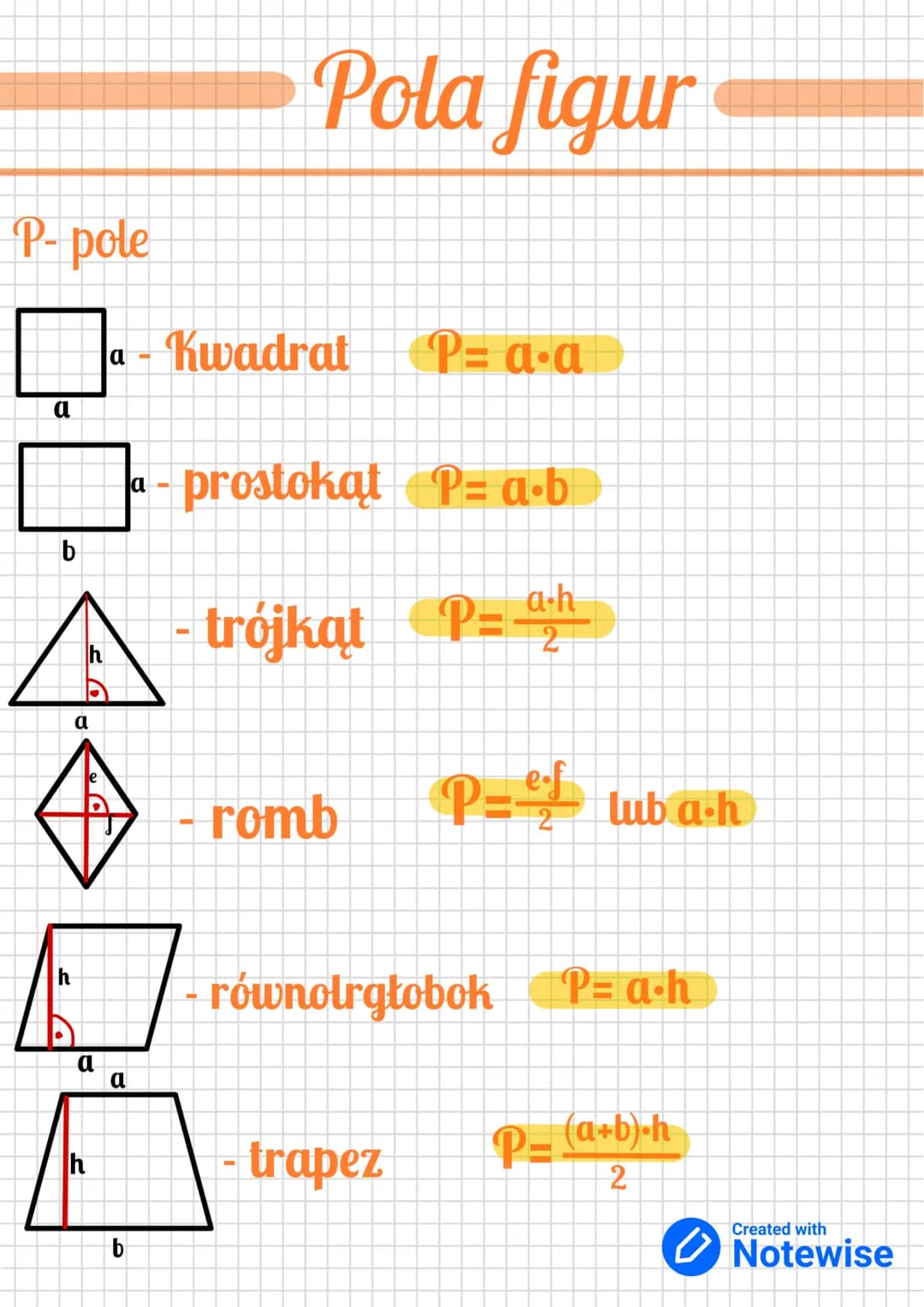 P-pole
a
h
4.
a
a-Kwadrat P= a.a
prostokąt P= a.b
a.h
2
a
a
b
Pola figur
trójkąt P
romb
P=² luba-h
ef
2
równoległobok
- trapez
P= a.h
P= (a+