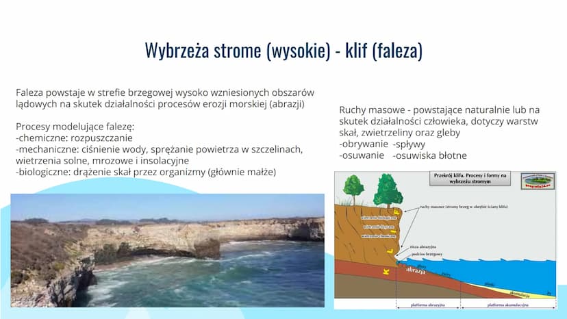 Rzeźbotwórcza
działalność
morza Czynniki warunkujące niszczącą działalność morza
-Siła fal
-Wysokość fal
-Pływy
-Rodzaj skał budujących wybr