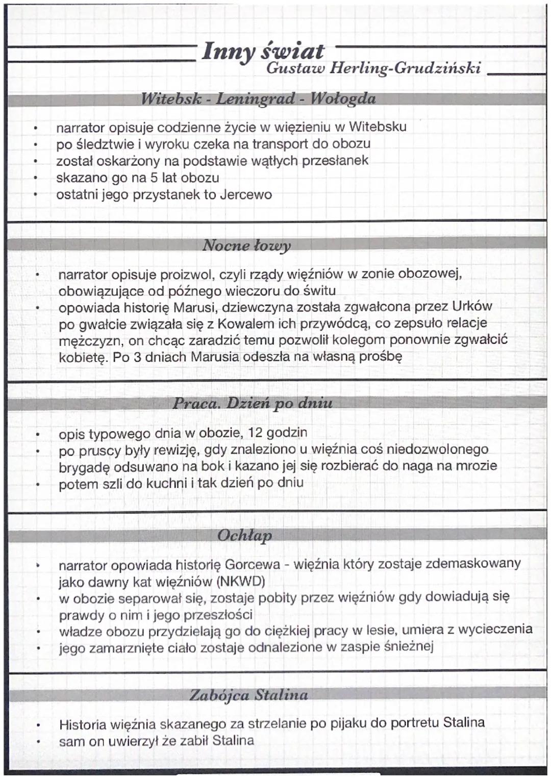 °
Inny świat
Gustaw Herling-Grudziński
Witebsk - Leningrad - Wołogda
narrator opisuje codzienne życie w więzieniu w Witebsku
po śledztwie i 