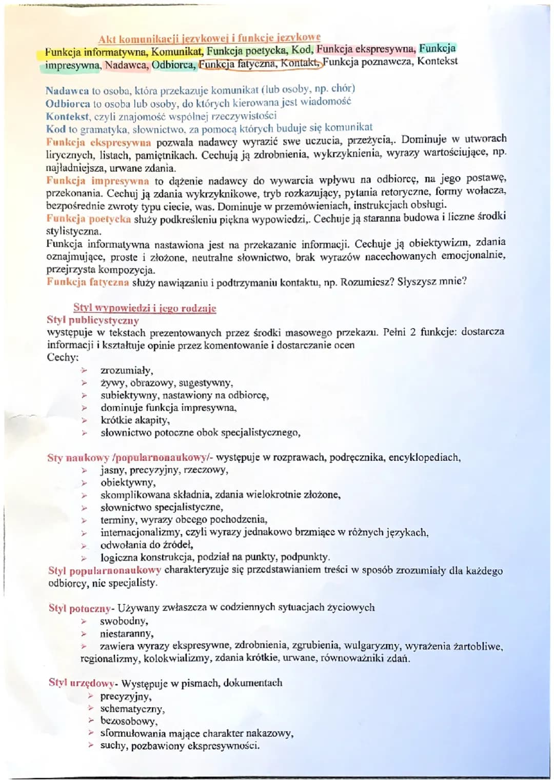 Akt komunikacji językowej i funkcje językowe
Funkcja informatywna, Komunikat, Funkcja poetycka, Kod, Funkcja ekspresywna, Funkcja
impresywna