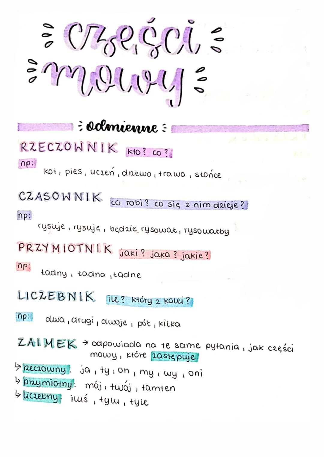 = części =
• mowy:
= odmienne :
RZECZOWNIK kto? co?!
np:
CZASOWNIK
np:
kot, pies, uczeń, drzewo, trawa, stońce
np:
rysuje, rysuję, będzie ry