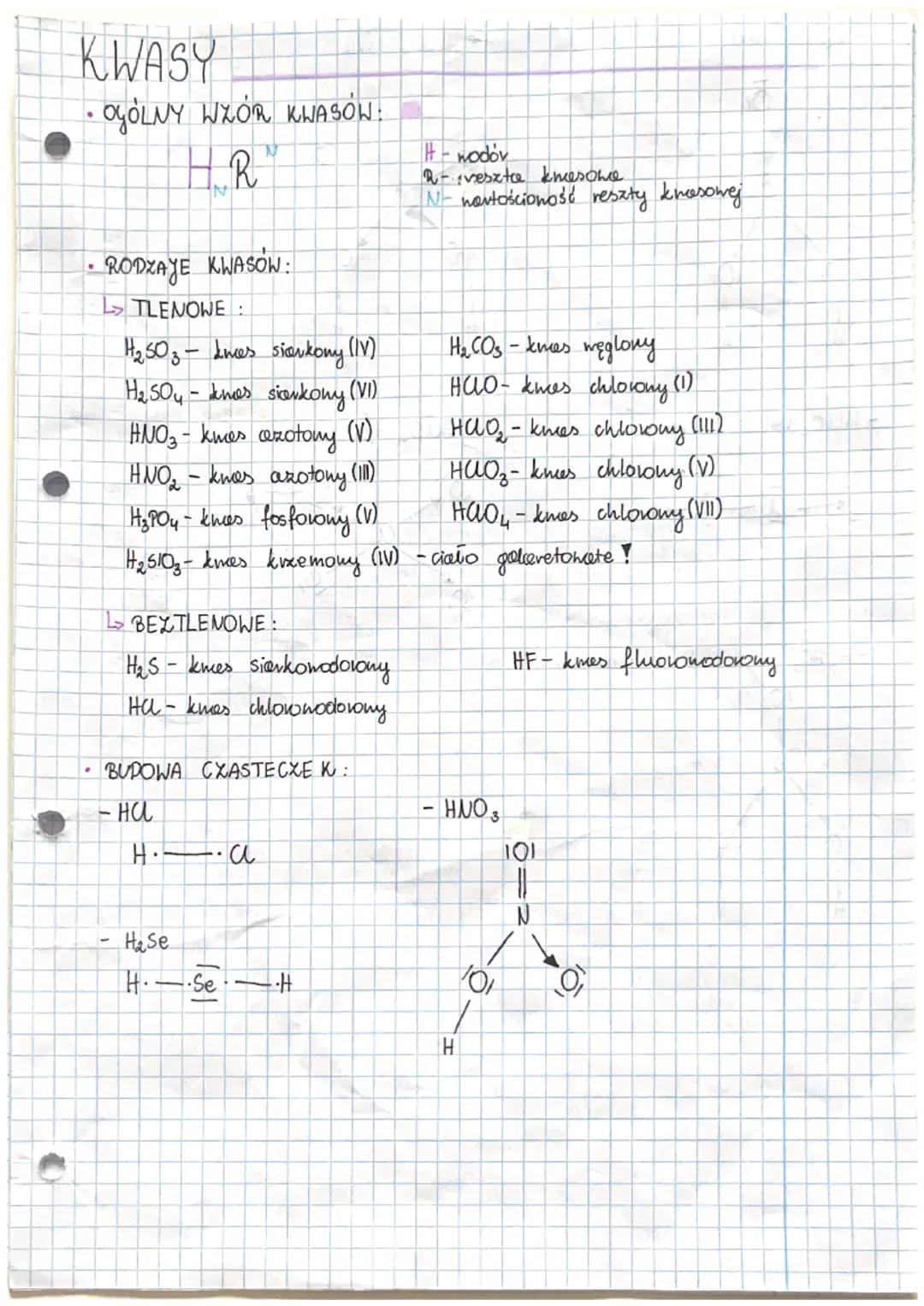 KWASY
OGÓLNY WZÓR KWASÓW:
H.R.
IN
RODZAJE KWASON:
TLENOWE:
H ₂ 50 ₂ - kwes siarkony (IV)
H₂SO4 - denes siarkony (VI)
HNO3 - kmes azotony (V)