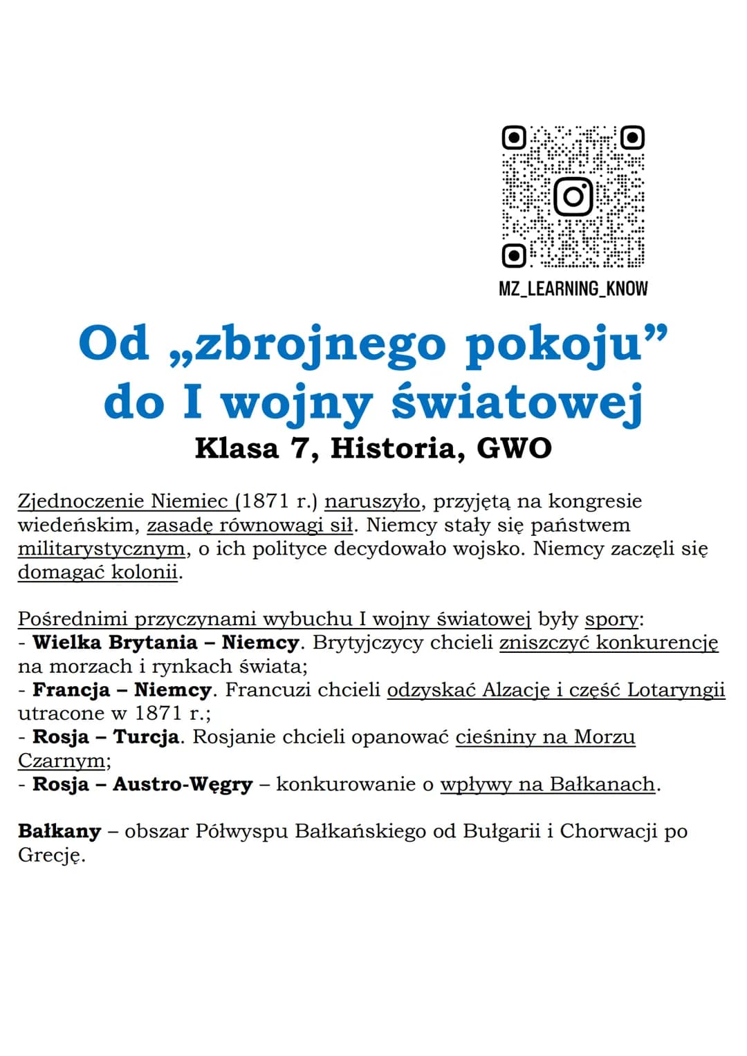 MZ_LEARNING_KNOW
Od „zbrojnego pokoju"
do I wojny światowej
Klasa 7, Historia, GWO
Zjednoczenie Niemiec (1871 r.) naruszyło, przyjętą na kon