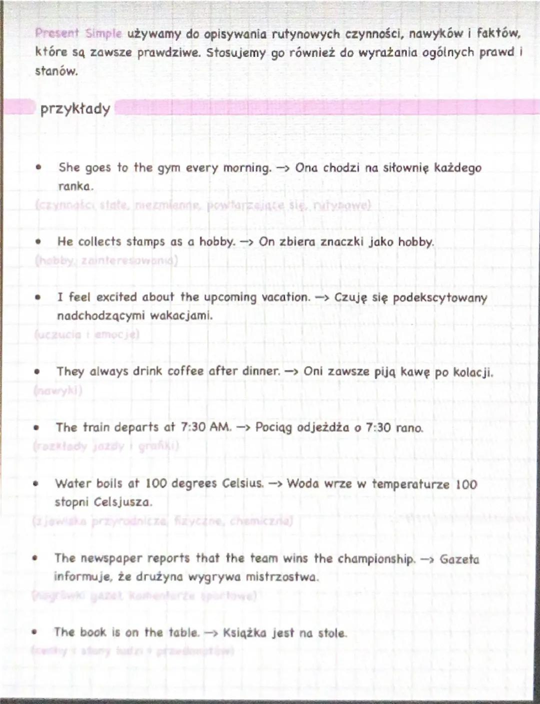 Prepresent Simple le
si
zastosowanie
⚫ czynności state niezmienne
powtarzające się, rutynowe
⚫ hobby zainteresowania
uczucia i emocje
⚫ nawy