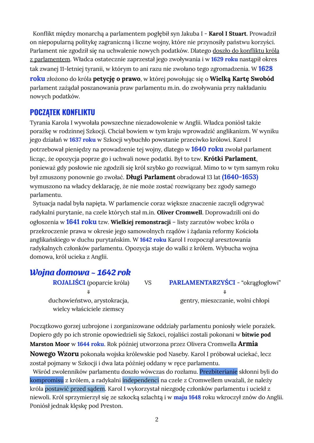 --- OCR Start ---
Angielska wojna domowa
XVII wiek → wiek wojen
Anglia → królewska monarchia parlamentarna
Głową Kościoła jest monarcha - ko