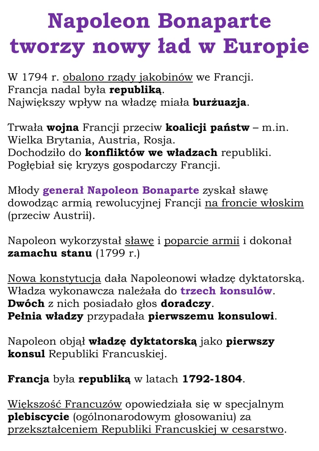Napoleon Bonaparte
tworzy nowy ład w Europie
W 1794 r. obalono rządy jakobinów we Francji.
Francja nadal była republiką.
Największy wpływ na