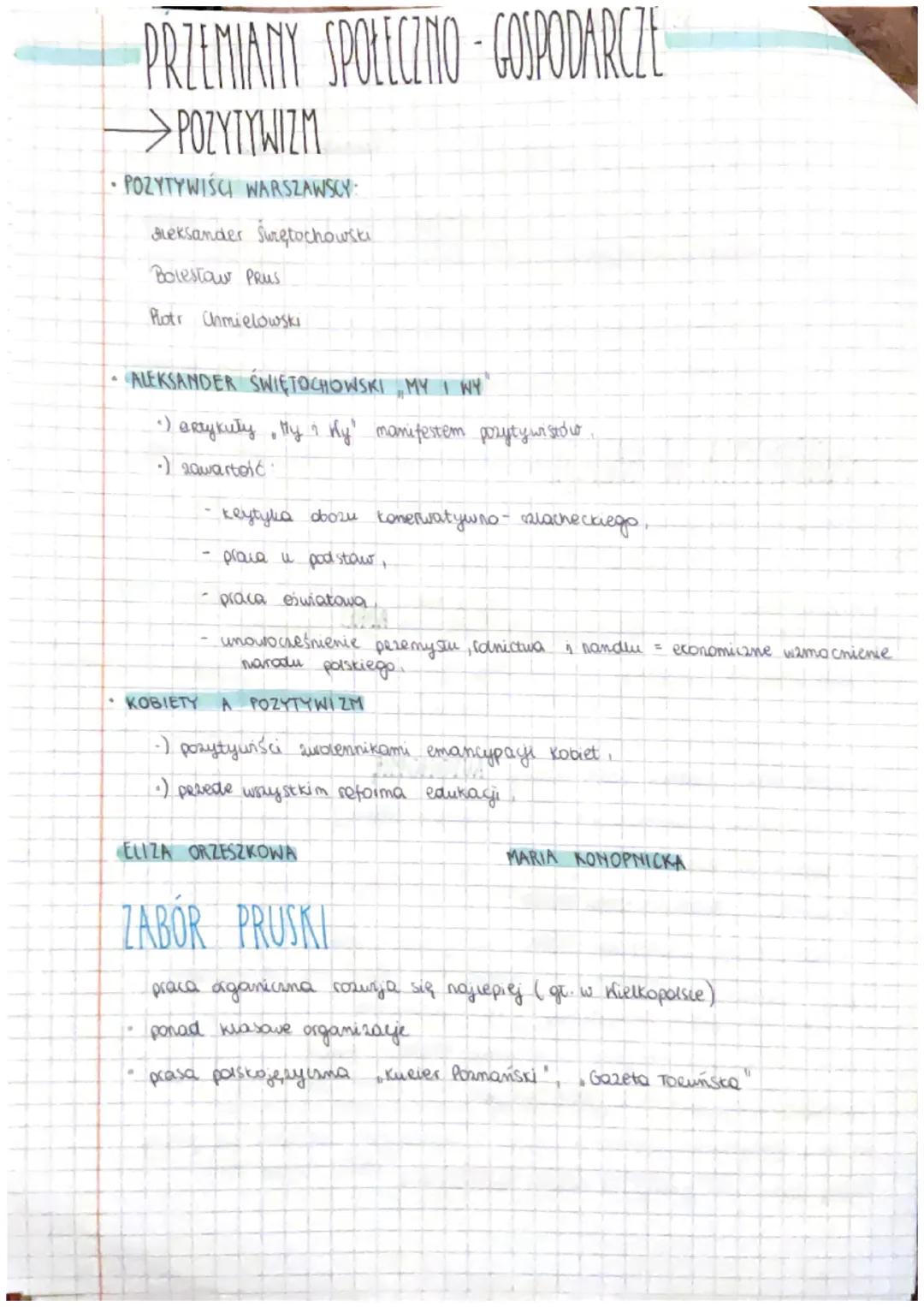 # PRZEMIANY SPOŁECZNO-GOSPODARCZE

→POZYTYWIZM

- POZYTYWIŚCI WARSZAWSCY:

meksander Surętochowski

Bolestow PRUS

Plots Chmielowski

- ALEK