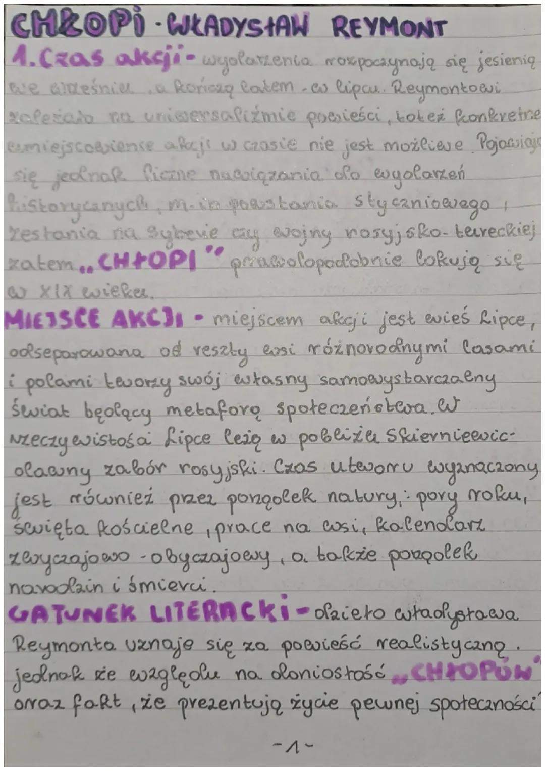 CHŁOPI-WŁADYSHAW
REYMONT
es
1. Czas akcji - wyolarzenia rozpoczynają się jesienią
we alześniela Roriczy latem, w lipcu. Reymontowi
xalesiaio