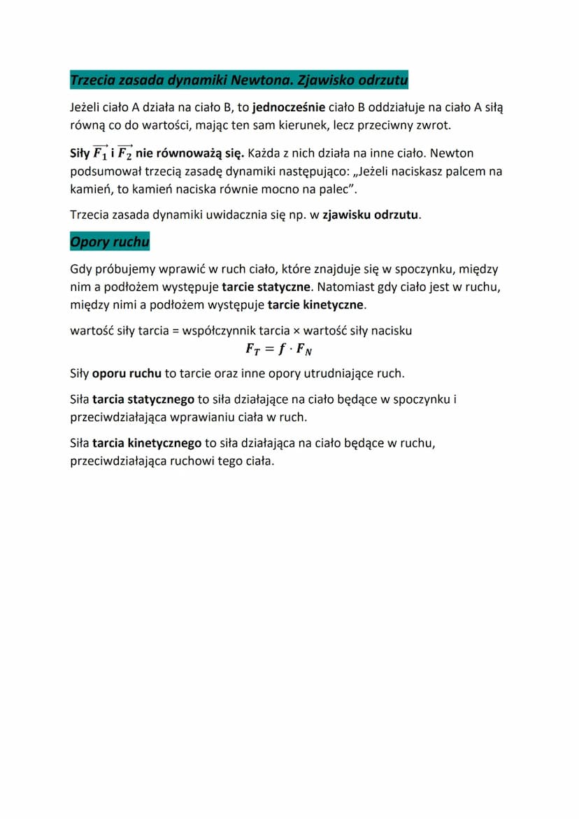 Dynamika
Pierwsza zasada dynamiki Newtona - bezwładność
Jeżeli na ciało nie działają żadne siły lub działające siły się równoważą, ciało
poz