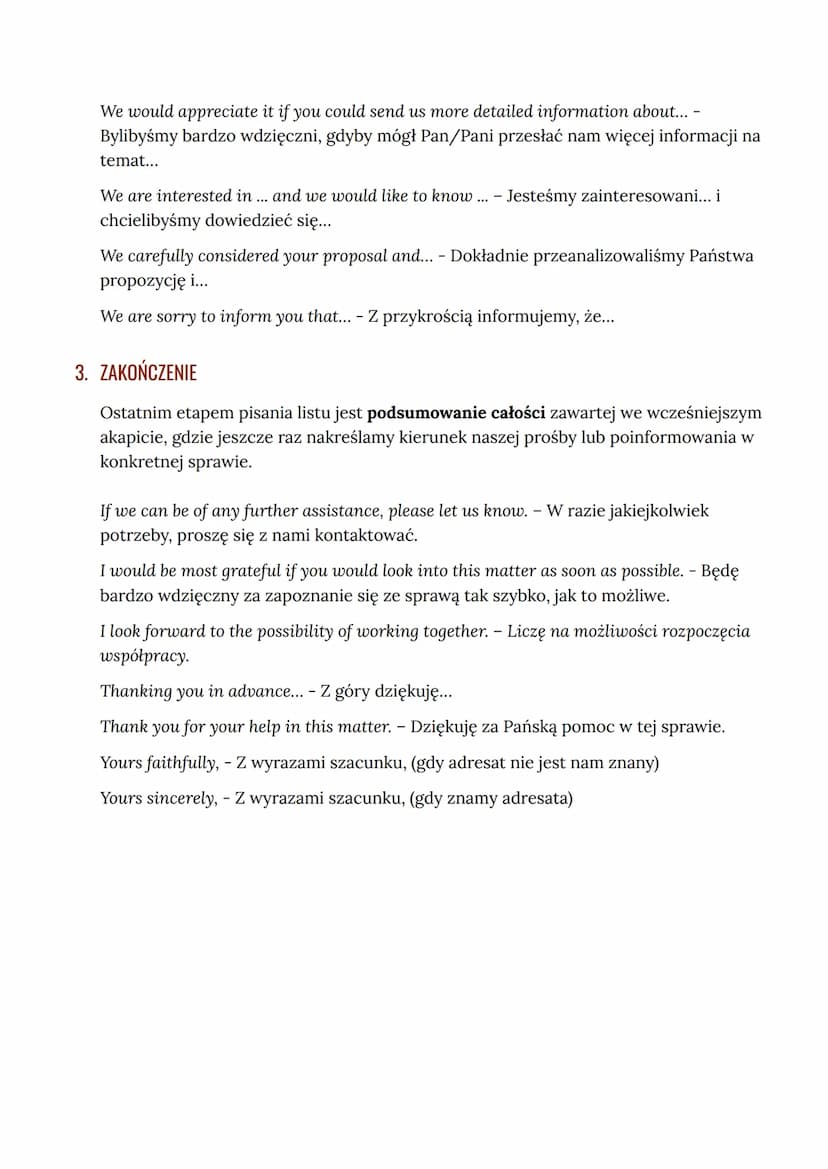 LIST FORMALNY
1. WSTĘP
Dear Sir/Madam - gdy nie znamy nazwiska adresata
Dear Mr. Smith/ Mrs. Madam - gdy znane są nazwiska adresatów, a kobi