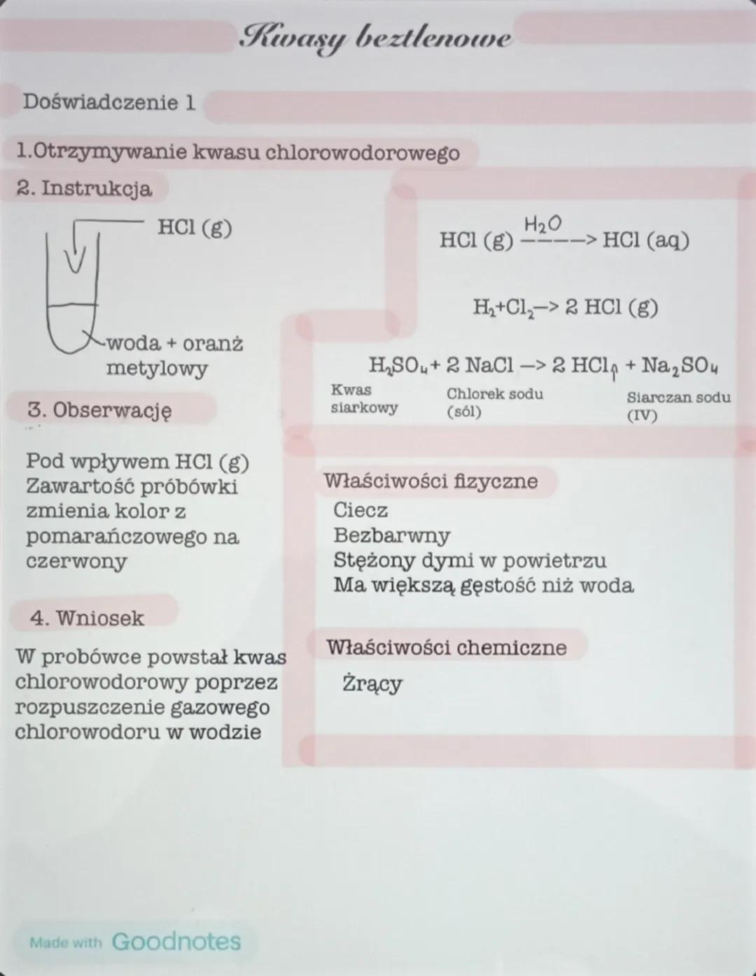 Doświadczenie 1
Kwasy beztlenowe
1.Otrzymywanie kwasu chlorowodorowego
2. Instrukcja
HCl (g)
H₂O
HCl (g)
--> HCI (aq)
-woda + oranż
metylowy