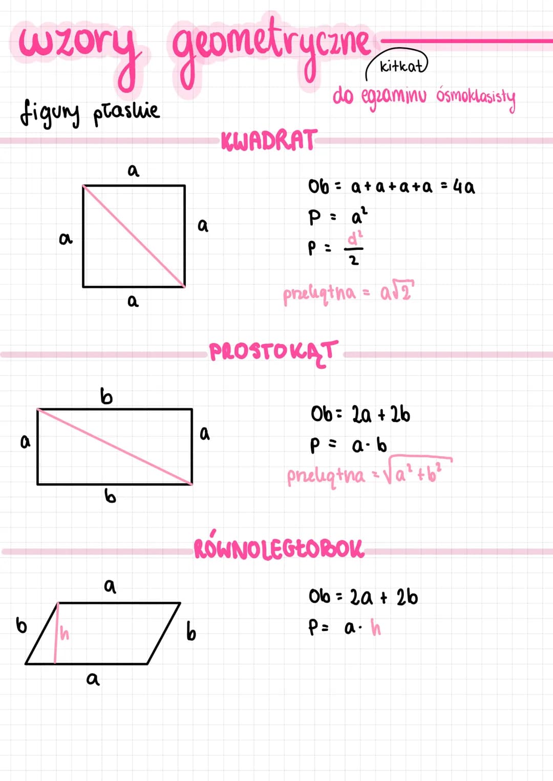 wzory geometryczne
figury płaskie
a
b
a
Ih
b
a
a
a
a
a
b
KWADRAT
a
kitkat
do egzaminu ósmoklasisty
Ob a+a+a+a = 4a
P = a¹
P =
preligtna = аб