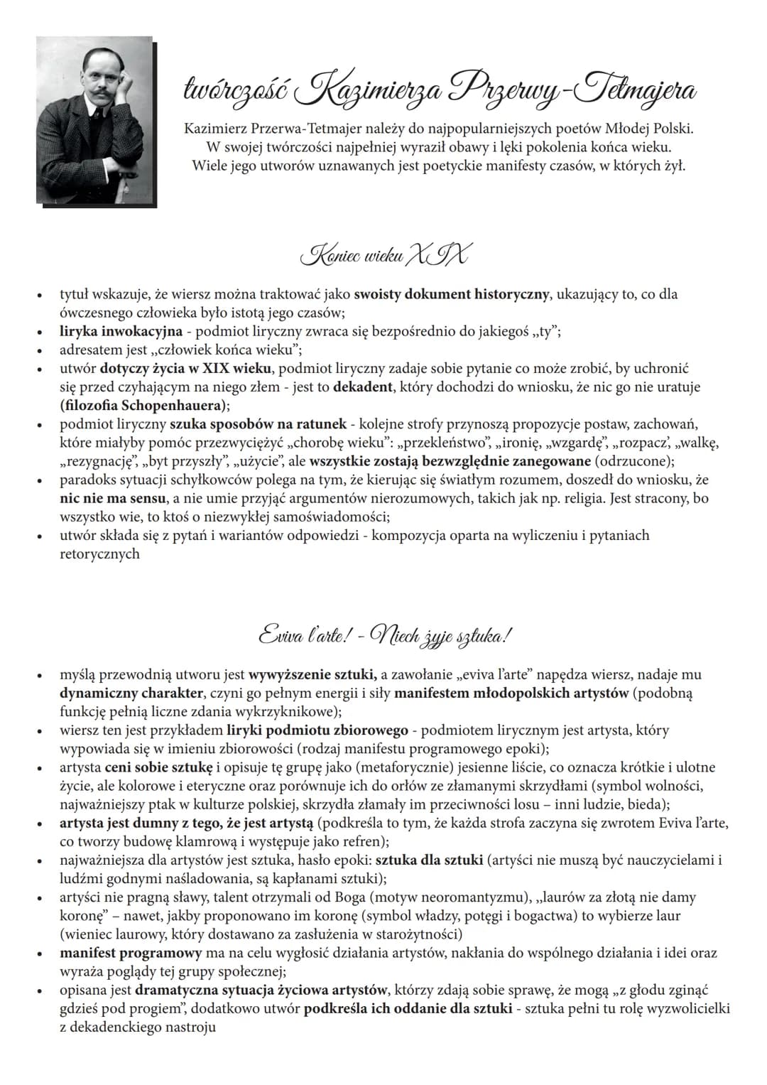 ●
●
●
●
●
twórczość Kazimierza Przerwy-Telmajera
Kazimierz Przerwa-Tetmajer należy do najpopularniejszych poetów Młodej Polski.
W swojej twó