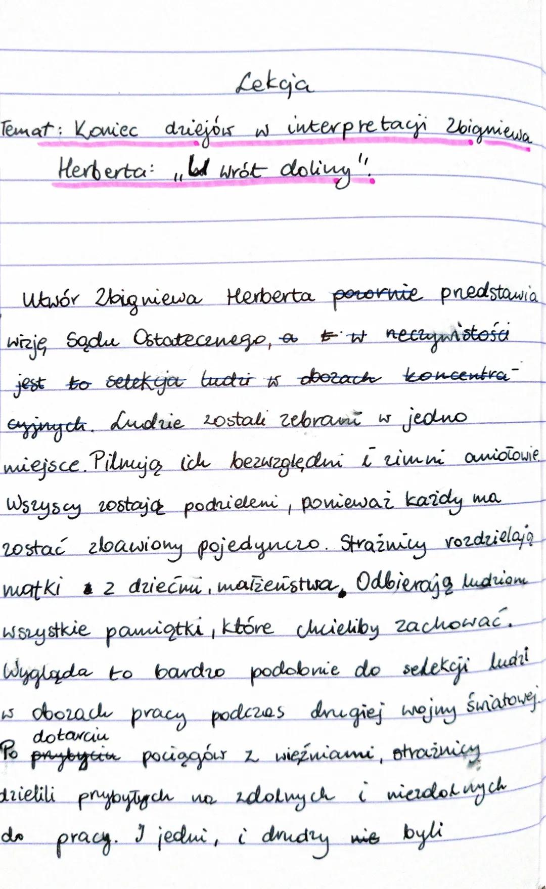 Lekcja
Temat: Koniec dziejów w interpretacji Zbigniewa
Herberta: land wrót doling".
Utwór Zbigniewa Herberta pozornie przedstawia
wizję Sądu