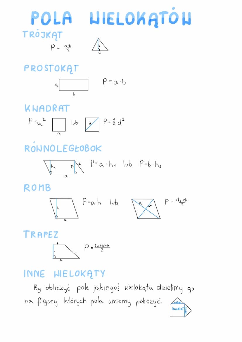POLA WIELOKĄTÓN
TRÓJKĄT
P = ah
PROSTOKĄT
a
KNADRAT
P=a²
ROMB
a
TRAPEZ
b
RONNOLEGŁOBOK
a
lub
6²
5
A
6
P = a · b
P = 1/2d²
P=a• h₁₂ lub P=b₁h₂