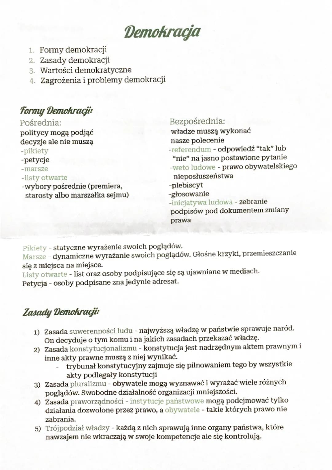 Demokracja
1. Formy demokracji
2. Zasady demokracji
3. Wartości demokratyczne
4. Zagrożenia i problemy demokracji
Formy Demokracji:
Pośredni
