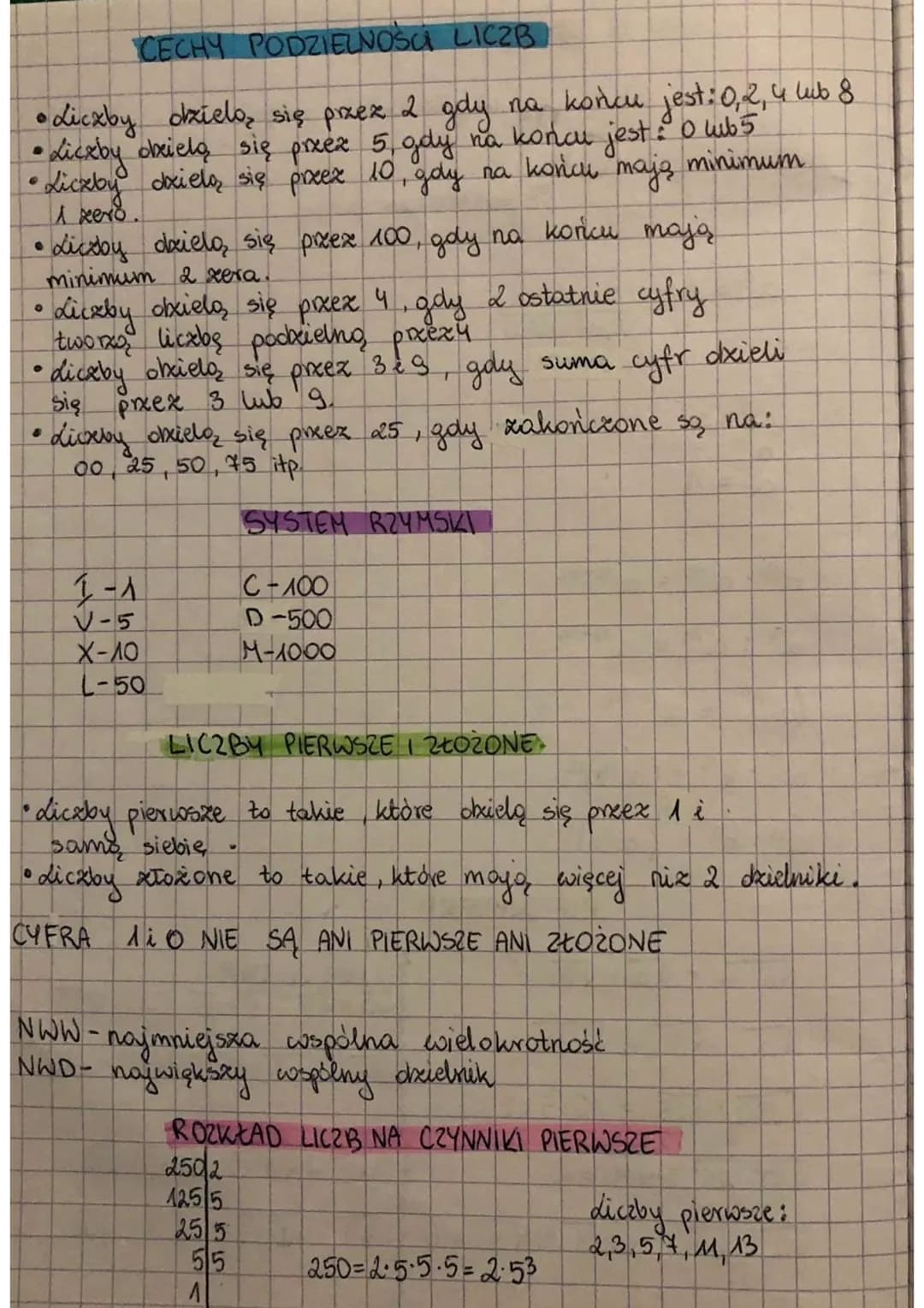 CECHY PODZIELNOŚC LICZB
• Liczby dzielo się przez 2 gdy na końcu jest: 0, 2, 4 lub 8
•Liczby obrielą się przez 5, gdy na końcu jest: 0 lub 5