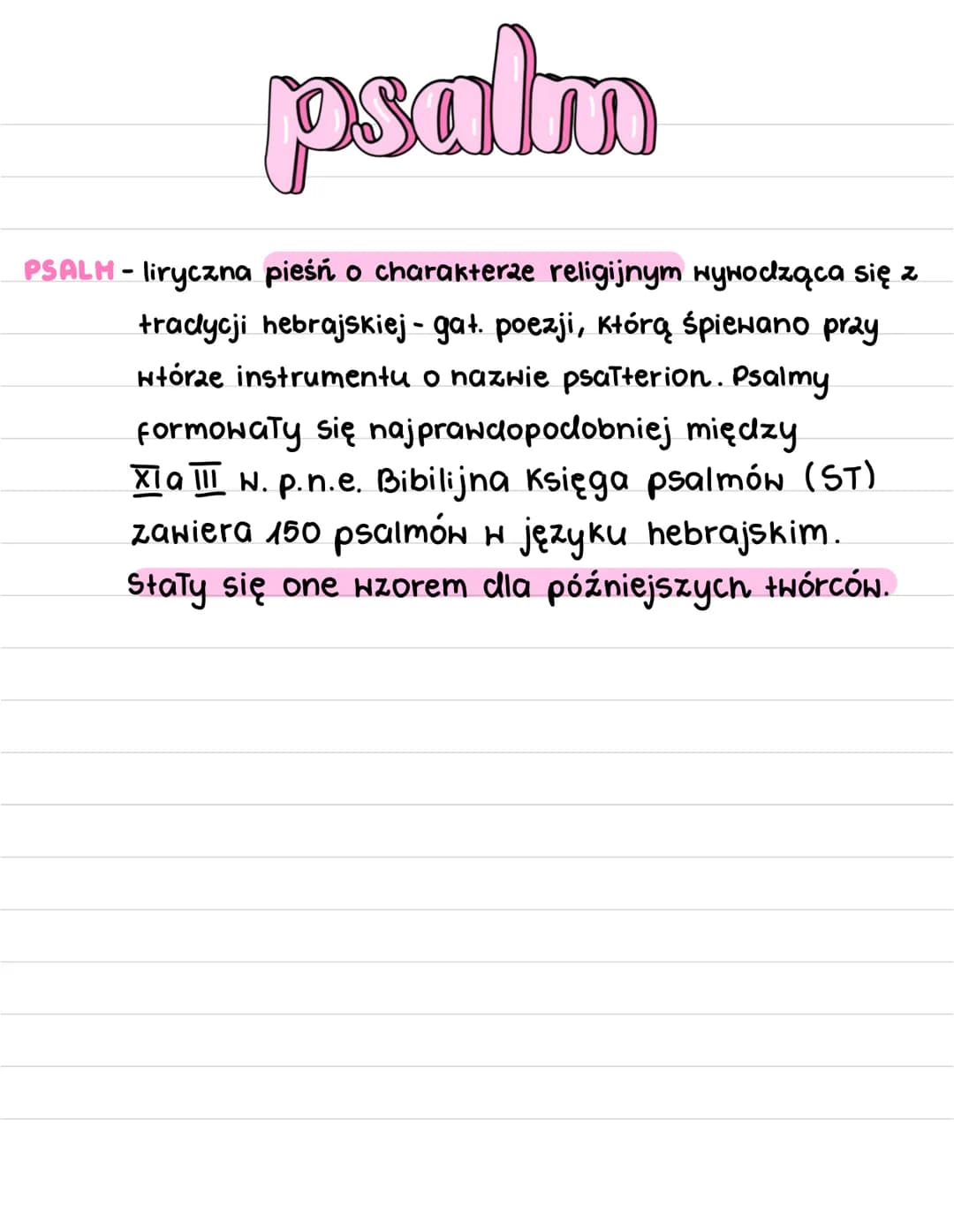 psalm
PSALM - liryczna pieśń o charakterze religijnym wywodząca się z
tradycji hebrajskiej - gat. poezji, Którą śpiewano przy
wtórze instrum