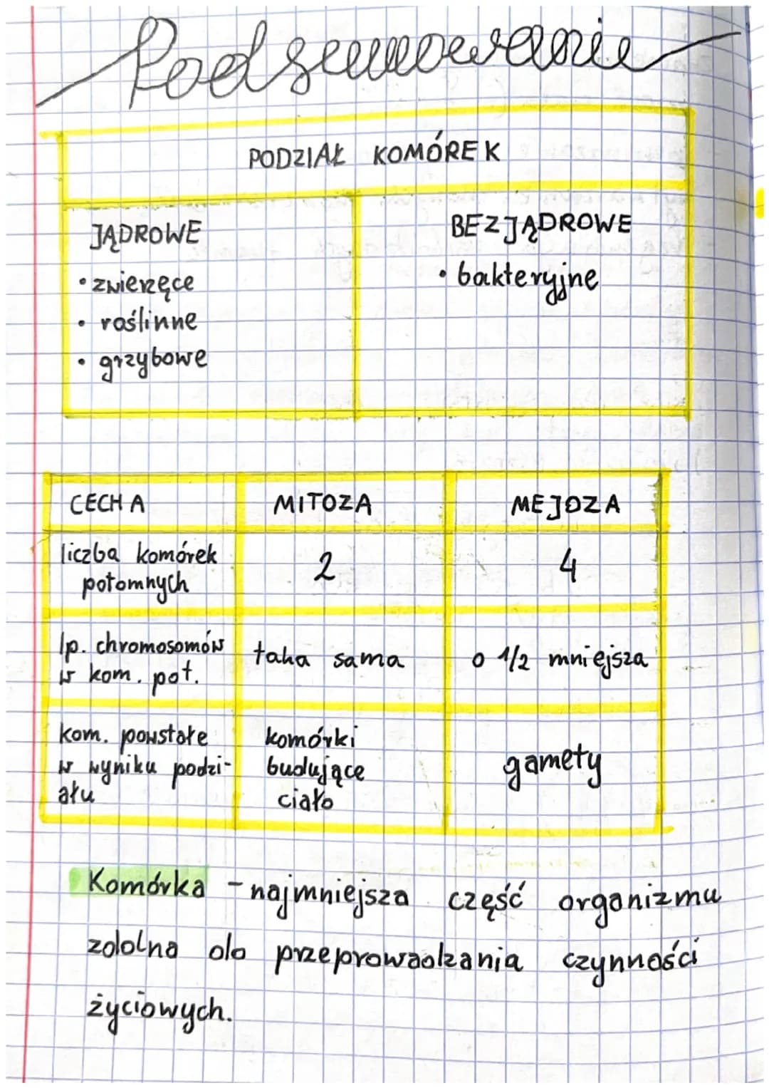 Podsumowanie
JĄDROWE
• zwierzęce
roślinne
grzybowe
●
CECH A
liczba komórek
potomnych
PODZIAŁ KOMÓREK
MITOZA
2
Ip. chromosomów taka sama
is k