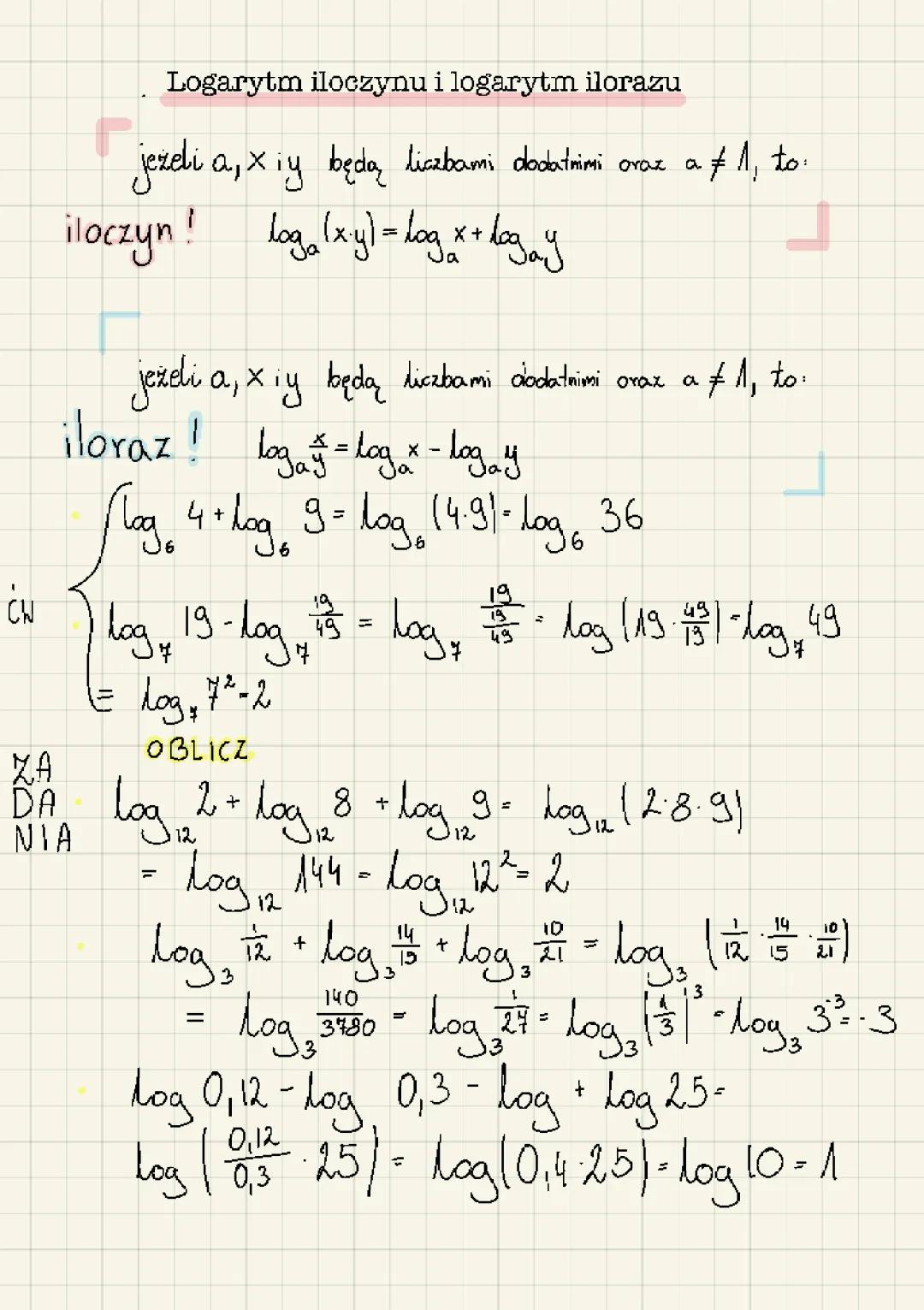 Logarytmy: Iloczyn i Iloraz - Zadania i Twierdzenia