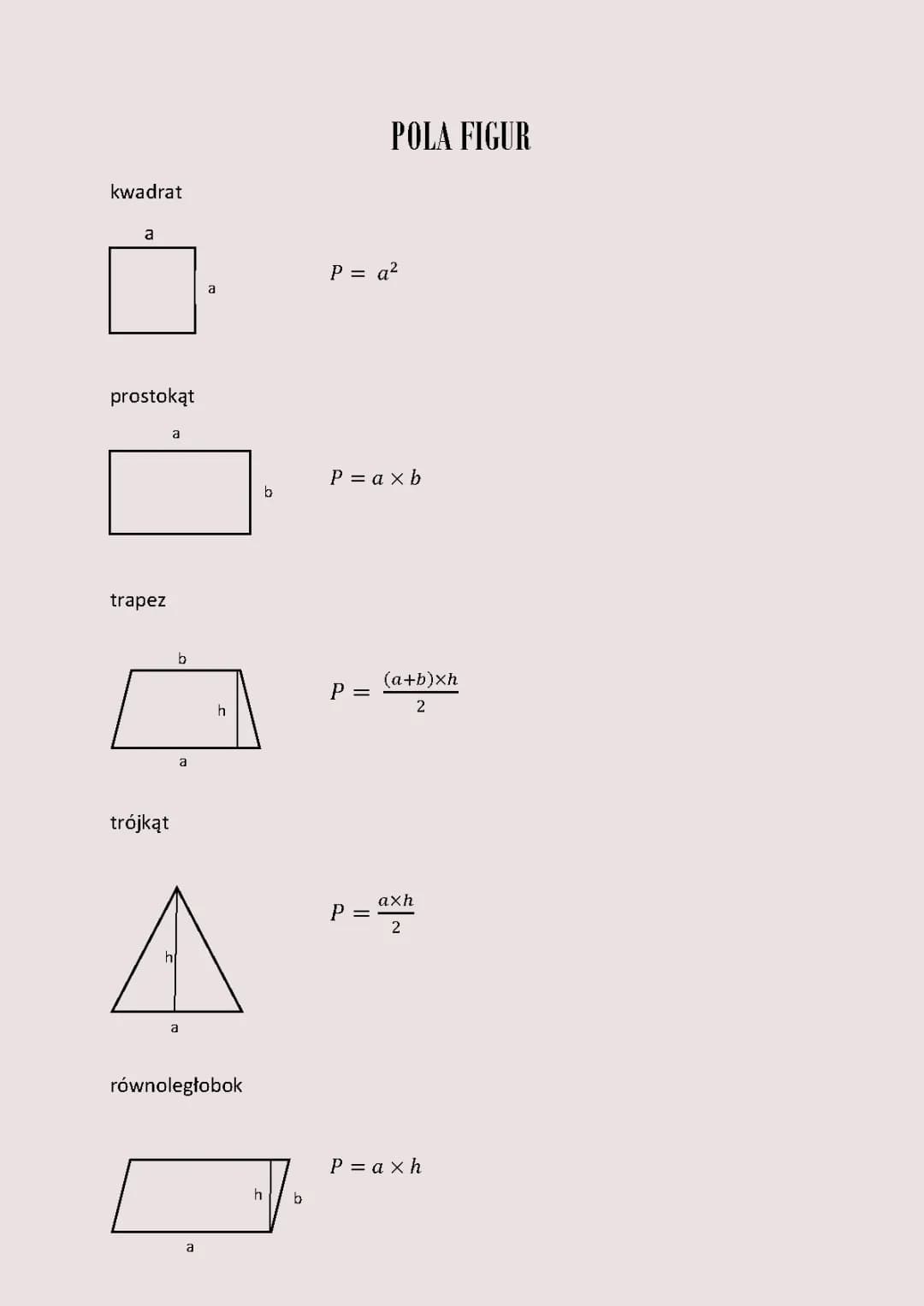 Wzory na pola figur - klasa 5, 6, 7 i 8 | Wzory PDF do druku