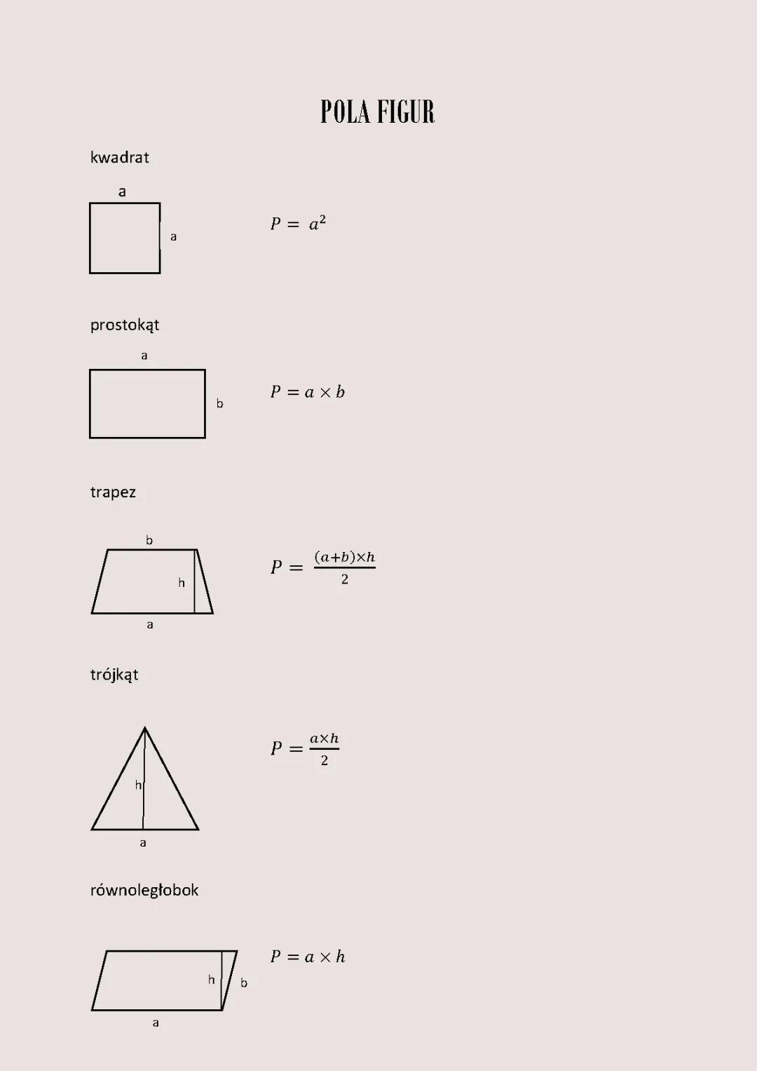 Wzory na pola figur - klasa 5, 6, 7 i 8 | Wzory PDF do druku