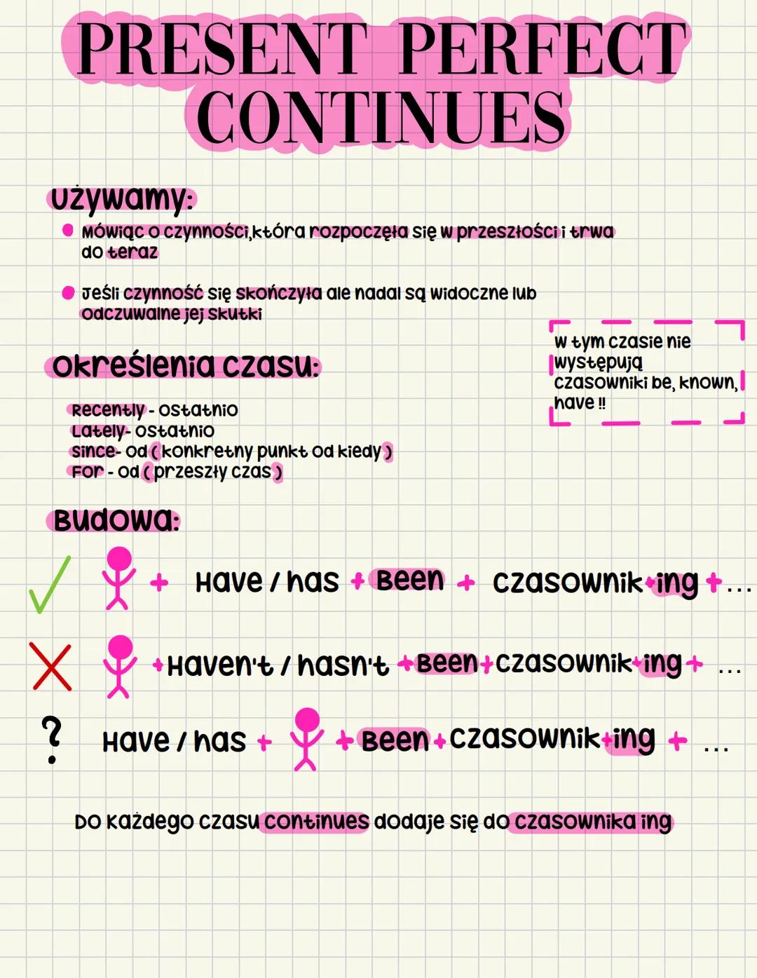 # PRESENT PERFECT

CONTINUES

używamy:

*   Mówiąc o czynności, która rozpoczęła się w przeszłości i trwa
do teraz

*   Jeśli czynność się s