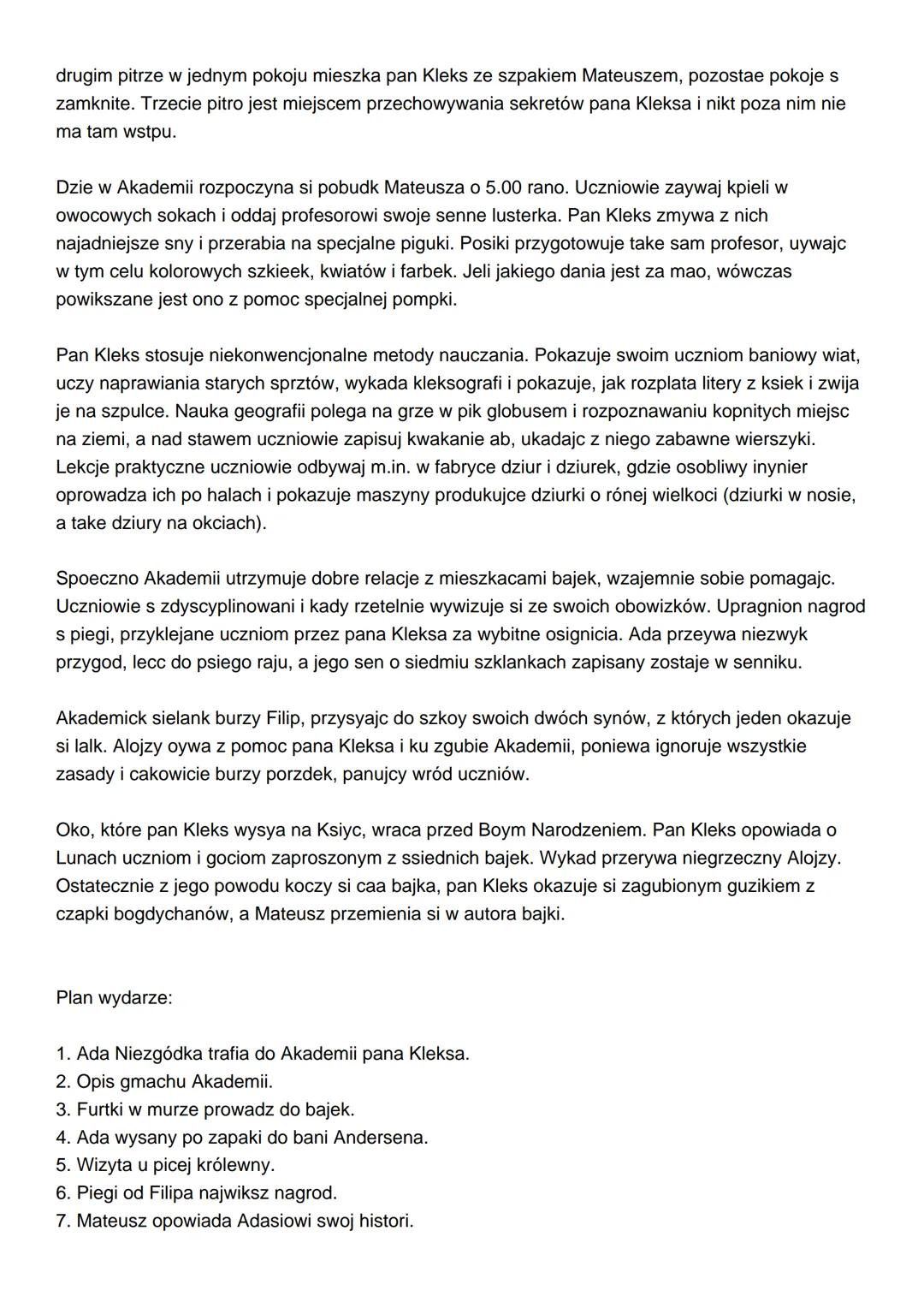 Akademia pana Kleksa
Gówny Bohater:
Pan Ambroy Kleks
Autor:
Jan Brzechwa
Inni bohaterowie:
Adam Niezgódka
Szpak Mateusz
Fryzjer Filip
Alojzy