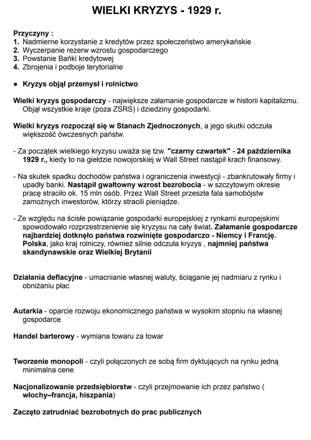 WIELKI KRYZYS - 1929 r.
Przyczyny :
1. Nadmierne korzystanie z kredytów przez społeczeństwo amerykańskie
2. Wyczerpanie rezerw wzrostu gospo