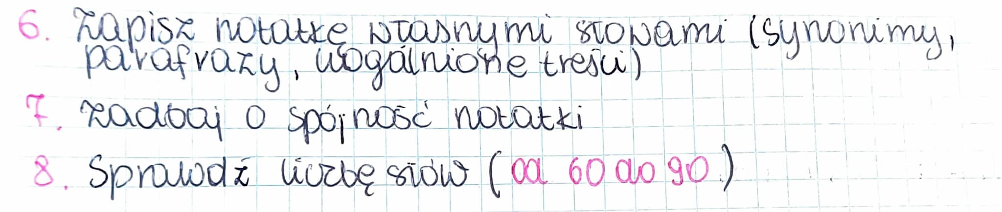 уплекинос
NOTATKA SYNTETYZUJĄCA
sumarjozna informacja o tekstach uwzględniająco
kluczowe zagadnienia. Powinna liczyć co 60 do go
stów i zawi