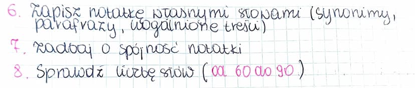 уплекинос
NOTATKA SYNTETYZUJĄCA
sumarjozna informacja o tekstach uwzględniająco
kluczowe zagadnienia. Powinna liczyć co 60 do go
stów i zawi