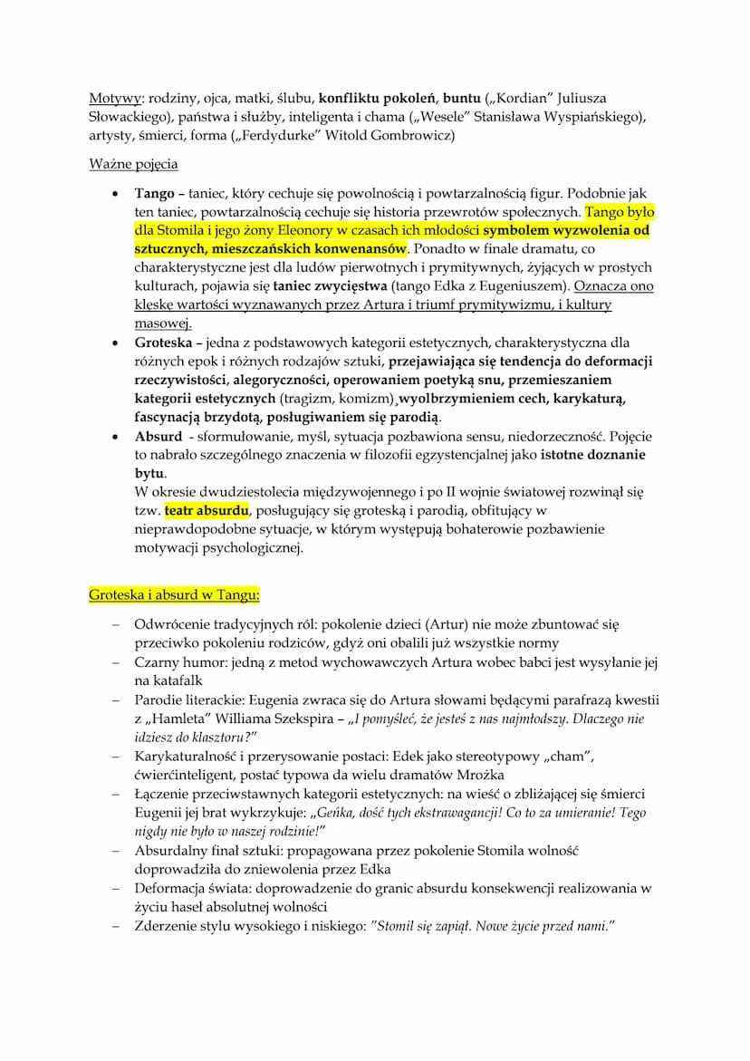 Tango Sławomir Mrożek
Gatunek literacki - dramat groteskowy (odmiana teatru absurdu)
Utwór ma strukturę dramatu: podzielony jest na akty, po