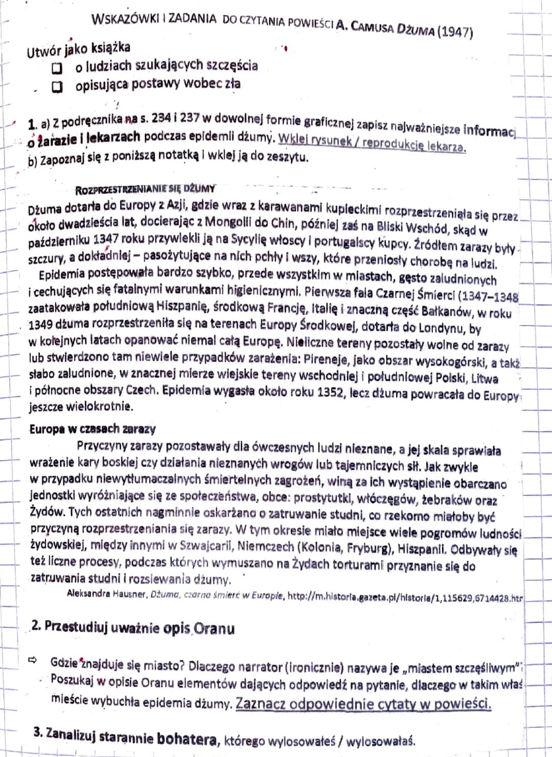 Dżuma - Streszczenie, karta pracy i sprawdzian PDF