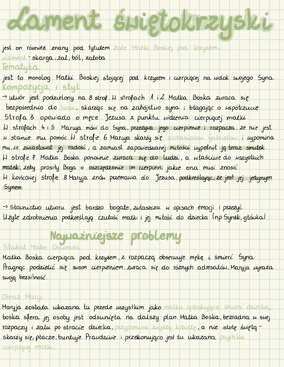  # Lament świętokrzyski

jest on również znany pod tytułem Żale Matki Boskiej pod krzyżem.
Lament - skarga, żal, ból, załoba.

## Tematyka

