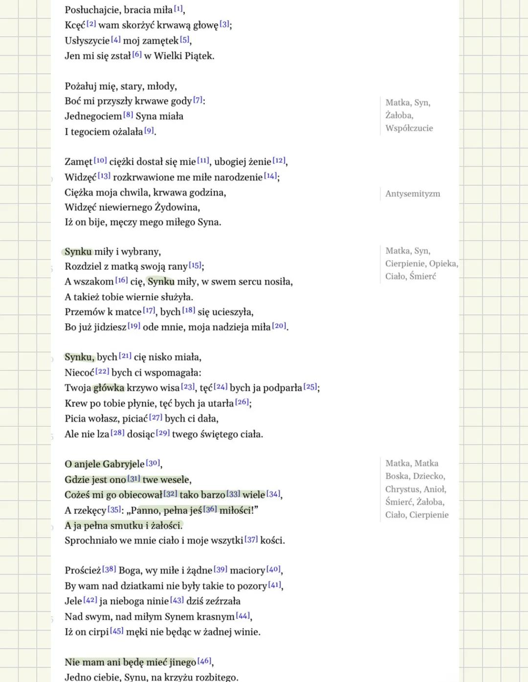  # Lament świętokrzyski

jest on również znany pod tytułem Żale Matki Boskiej pod krzyżem.
Lament - skarga, żal, ból, załoba.

## Tematyka

