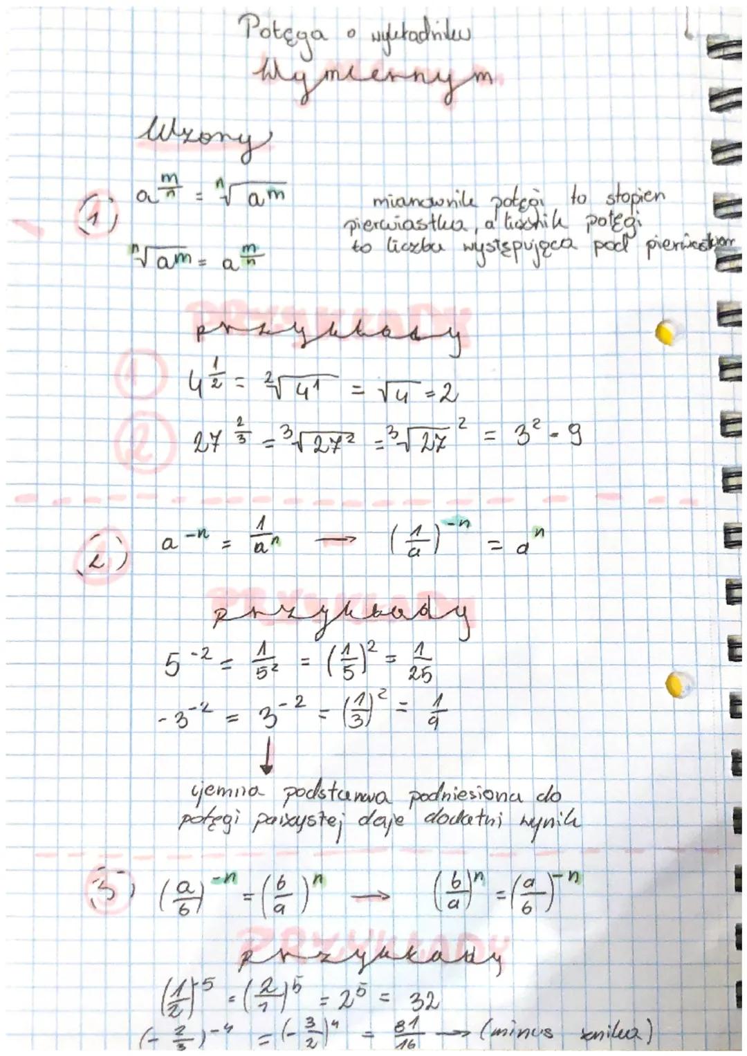# Potęga o wyfetadritew

Wymiernym

Wzony

1) $a^{\frac{m}{n}} = \sqrt[n]{a^m}$

mianownile potęgi,to stopien
pierwiastha, a tischik potęgi
