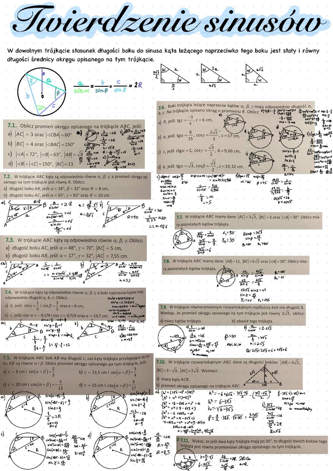 Twierdzenie sinusów i cosinusów - zadania z rozwiązaniami i wzory