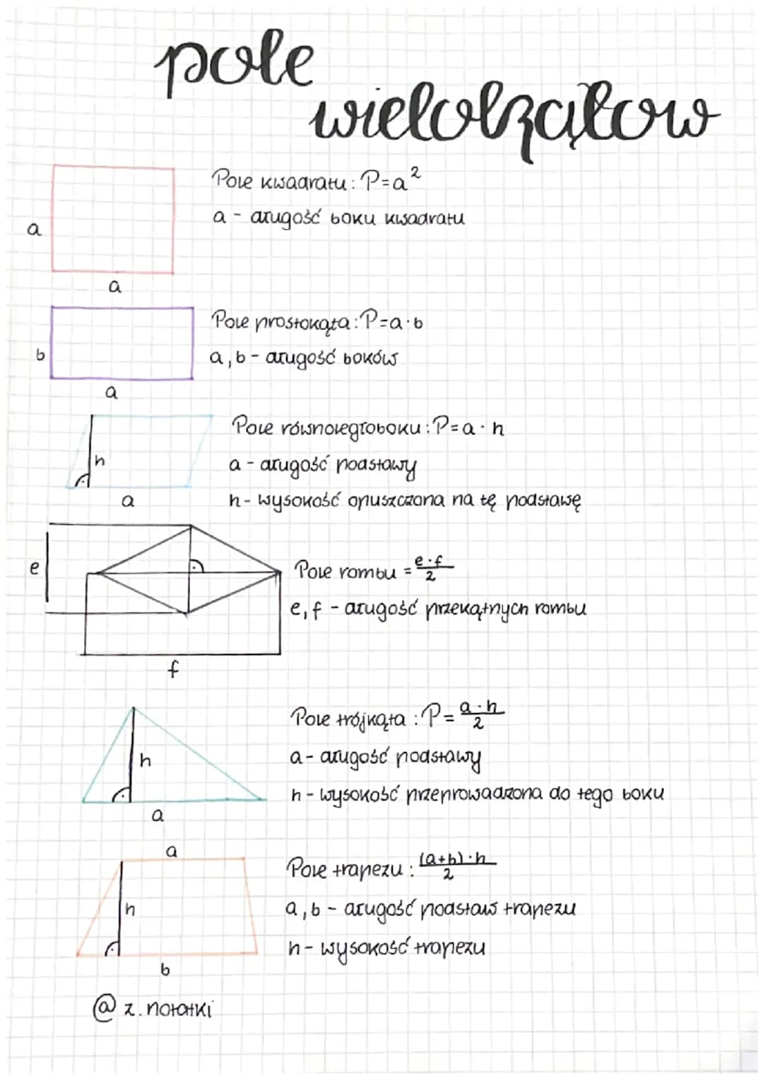 o
b
e
a
a
h
a
pole
A
h
A
f
a
a
b
wielolzalow
Pole kwaaratui: P=a2
a - arugosc boku kuadratu
@ z. notatki
Pole
prostokąta:
a, b-atugość boków