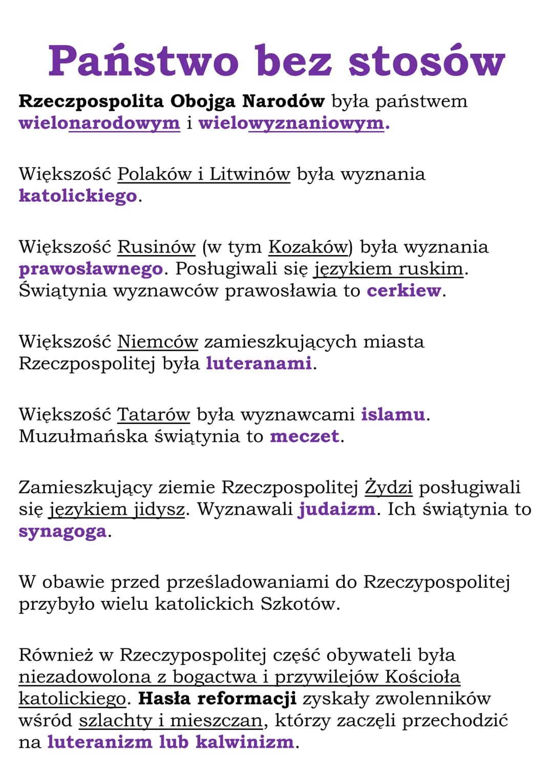 Państwo bez stosów
Rzeczpospolita Obojga Narodów była państwem
wielonarodowym i wielowyznaniowym.
Większość Polaków i Litwinów była wyznania