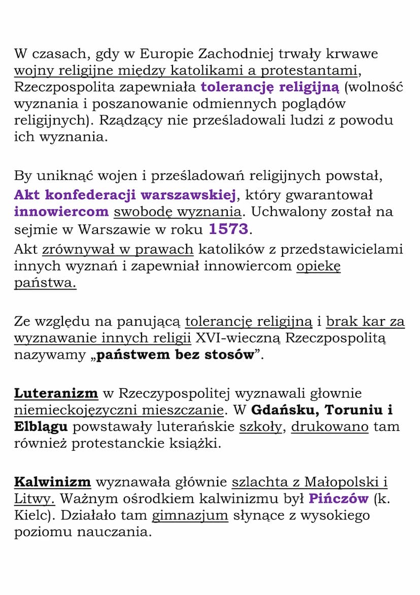 Państwo bez stosów
Rzeczpospolita Obojga Narodów była państwem
wielonarodowym i wielowyznaniowym.
Większość Polaków i Litwinów była wyznania