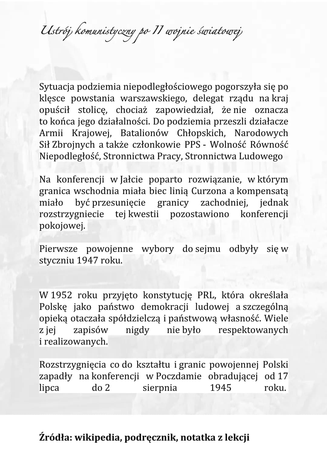 Ustrój komunistyczny po II wojnie światowej
Polska po II wojnie światowe była w strasznym stanie,
strata społeczeństwa jak i architektury. P