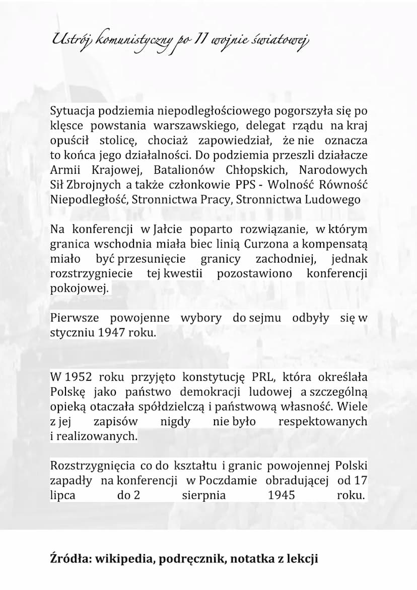Ustrój komunistyczny po II wojnie światowej
Polska po II wojnie światowe była w strasznym stanie,
strata społeczeństwa jak i architektury. P