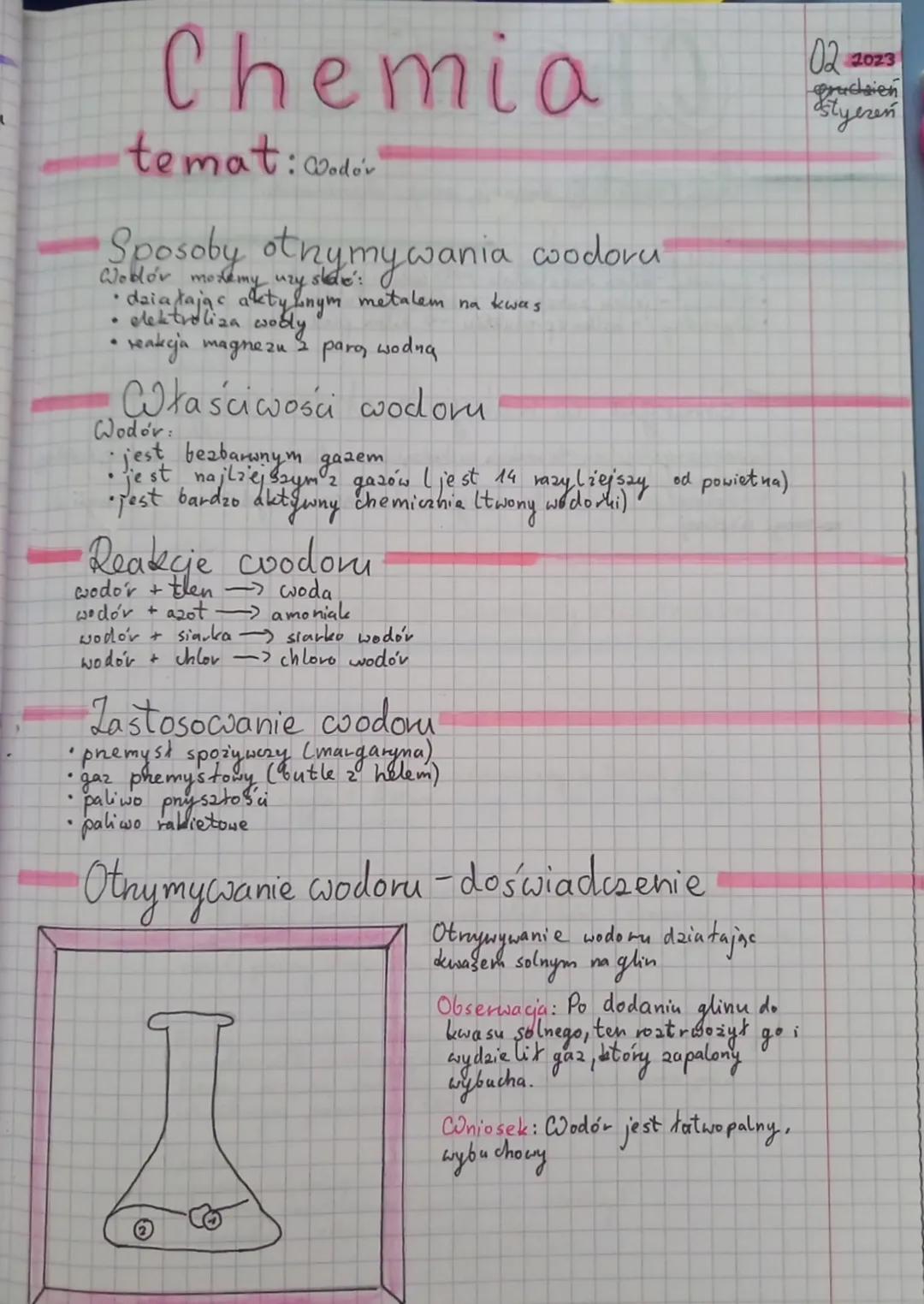 # Chemia

temat: Wodov

Sposoby otnymywania wodoru

Wodor moremy uży ste:

- działając akty lonym metalem na kwas
- elektroliza wobly
- reak