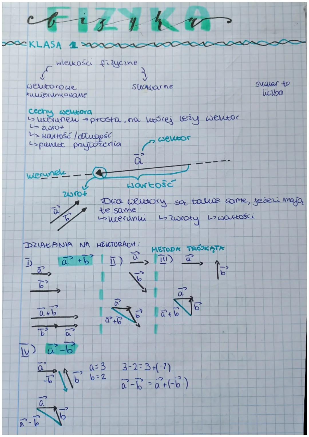 fizik
KLASA 10000
wielkości fizyczne
wektorowe
*ишенипканаме
cechy wektora
Sualarne
↳ uterunek → prosta, na letorej leży wektor.
L> zwrot
> 