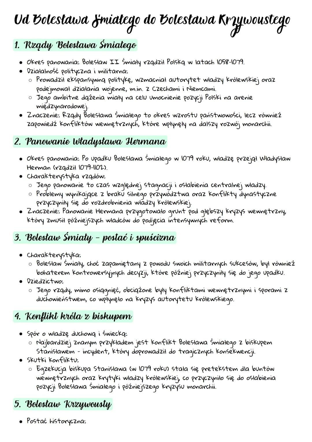 # Od Bolesława Smiałego do Bolesława Krzywoustego

1. Rządy Bolesława Śmiałego

*   Okres panowania: Bolesław II Śmiały rządził Polską w lat
