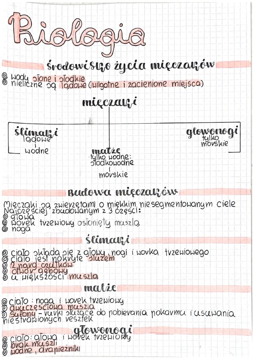 Biologia
Środowisizo życia mięczarów
Wody slone i plodkie
nieliczne są ladowe (wilgotne i zacienione miejsca)
mięczani
ślimati
Todowe
wodne
