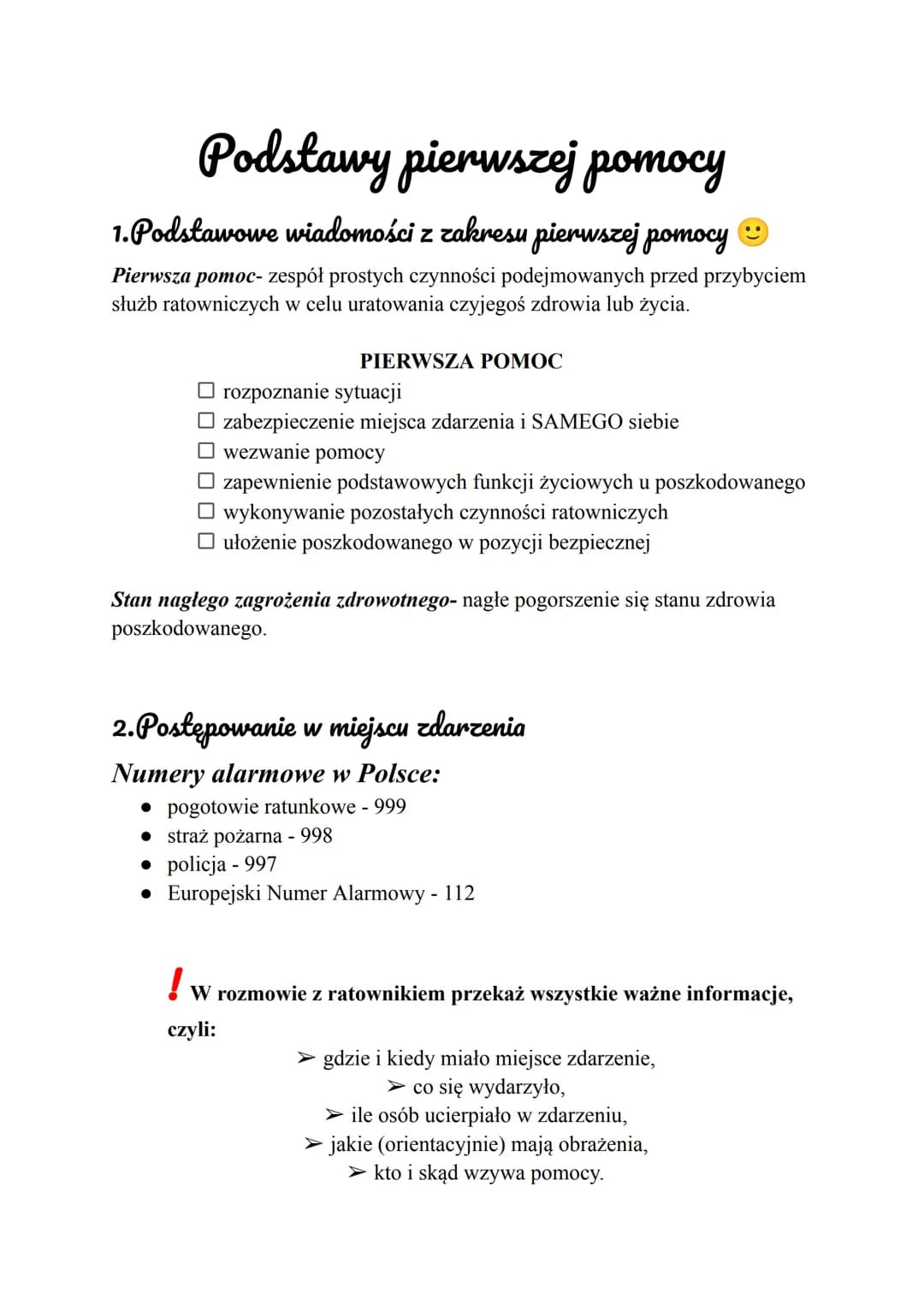 Podstawy pierwszej pomocy
1.Podstawowe wiadomości z zakresu pierwszej pomocy
Pierwsza pomoc- zespół prostych czynności podejmowanych przed p